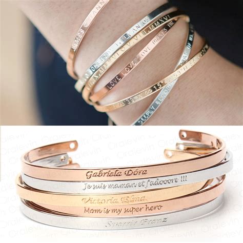 Inspirational Message Personalized Bracelet Initial Engraved Name Cuff