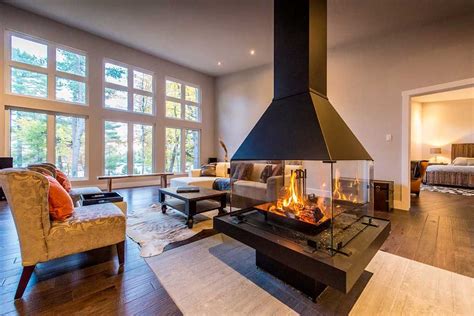 Modern Homes Center Fireplace Custom Cedar Homes And House Plans