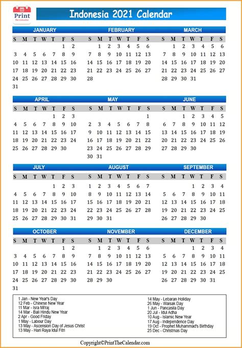 Indonesia Calendar 2021 With Indonesia Public Holidays