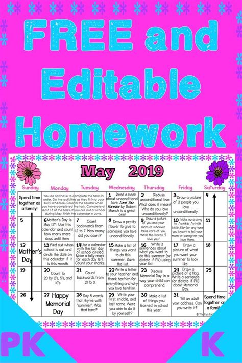Building skills & learning at home: Monthly Homework For Pre-K Students | Example Calendar Printable