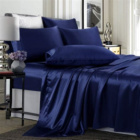 Amazon Com Treely Piece Satin Sheets Queen Size Silky Smooth Navy Blue Satin Sheet Set With
