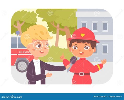 Journalist Interview With Kid Fireman Boy Child News Reporter