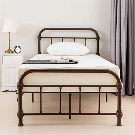 Bed Twin Size Platform Metal Frame With Vintage Headboard And Footboard Antique Bronze Brown