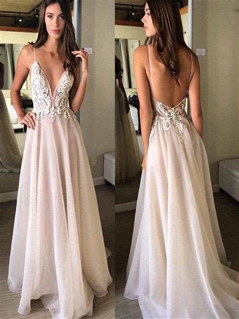 Custom Made A Line V Neck Backless Lace Ivory Prom Dress Backless