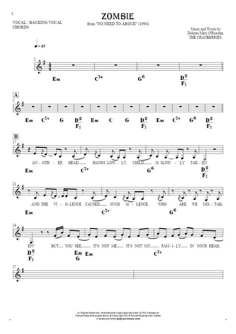 Zombie Notes Lyrics And Chords For Vocal With Accompaniment