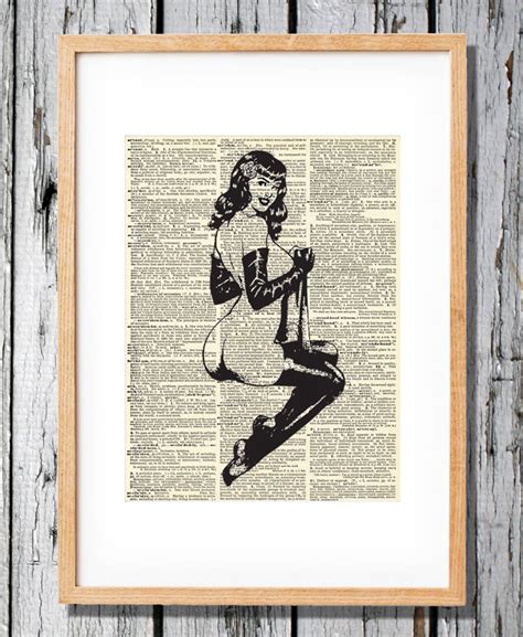 Bettie Page Nude Art Print On Vintage Antique Dictionary Paper Etsy