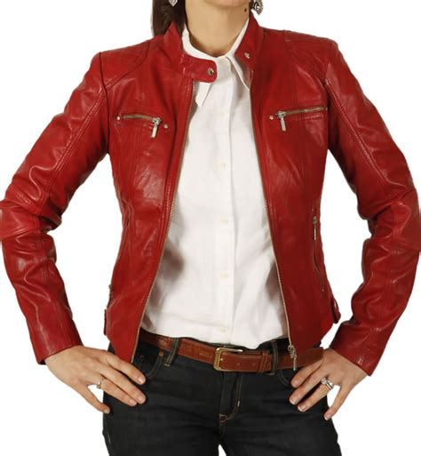Ladies Red Leather Biker Jacket With Quilting Detail From Simons Leather