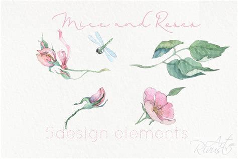Cute Watercolor Mouse Clipart Pack Wild Rose Clip Art Mothers Etsy