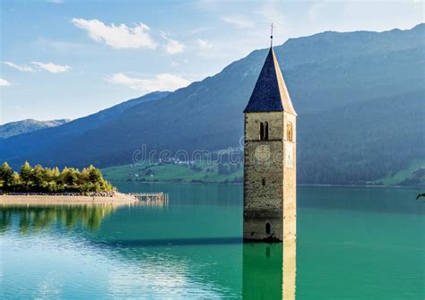Church In The Water At Lake Reschen In Tyrol In North Italy Stock Photo