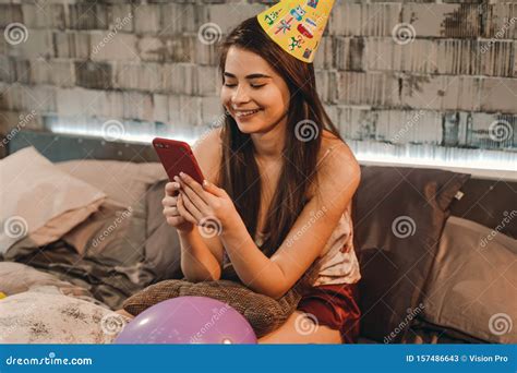 The Portrait Of A Brunette Lady Responds To Her Birthday Greetings Stock Image Image Of