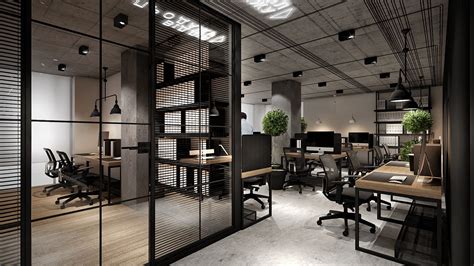 An Office With Wooden Desks And Chairs In Front Of Glass Doors That