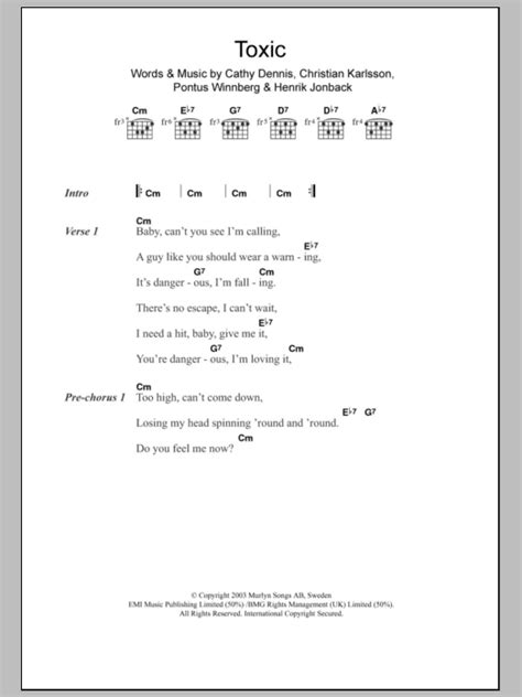 Baby, can't you see i'm calling? Toxic sheet music by Britney Spears (Lyrics & Chords - 108493)
