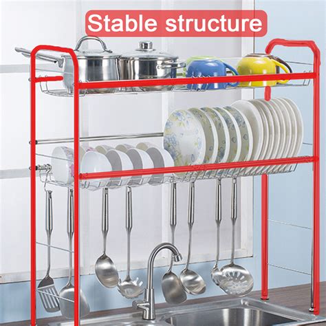 2 Tiers Stainless Steel Dishes Rack Dual Sink Drain Rack Adjustable