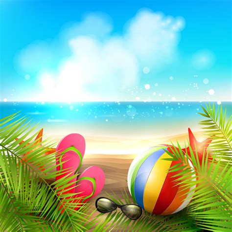 Palm Leaves With Summer Beach Background Vector 05 Free