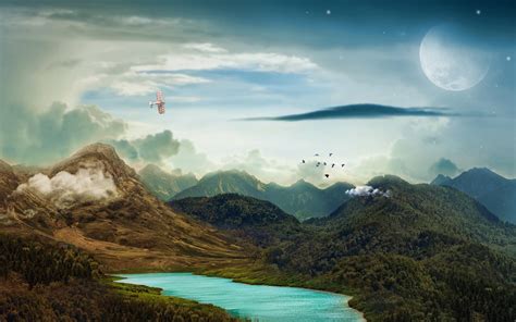 Download 3840x2400 Wallpaper Landscape Mountains Moon Lake Fantasy