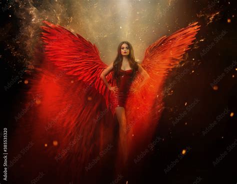 an adult beautiful fantasy girl a fallen angel with spread huge red wings art black background