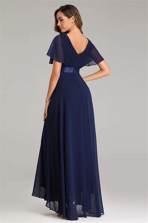 Flowy Chiffon Dark Navy Blue Prom Dresses V Neck Short Sleeve Long