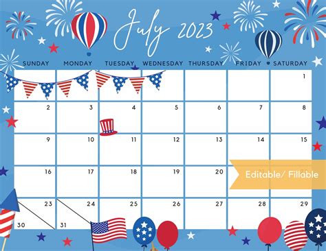 July 2023 Calendar Independence Day Patriotic 4th Of July Us Holiday