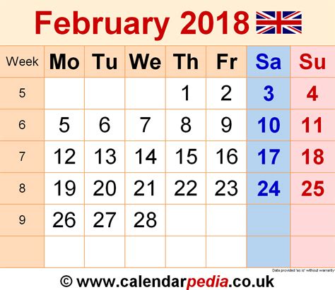 Calendar February 2018 Uk With Excel Word And Pdf Templates