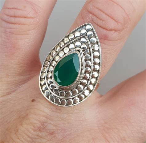 Zilveren Ring Druppelvormige Groene Onyx Verstelbaar Zilveren