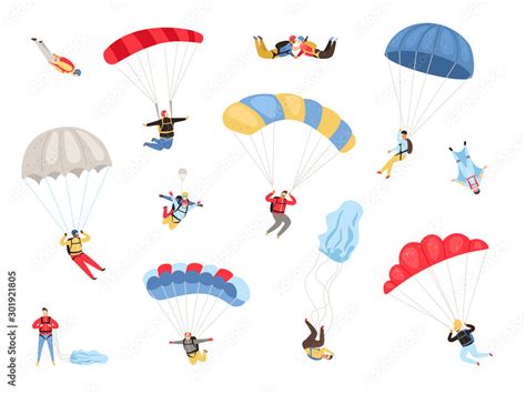 Parachute Skydivers Paraglide And Parachute Jumping Characters On