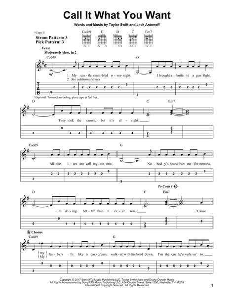 Call It What You Want Sheet Music Taylor Swift Easy Guitar Tab