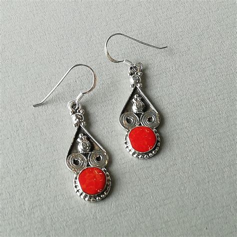 Pair Sterling Silver Coral Earrings Pair Bali Coral Etsy