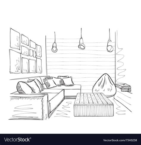 Modern Interior Room Sketch Hand Drawn Furniture Vector Image