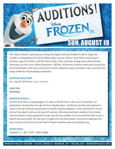 Marion Palace Theatre Blog Archive Auditions Disneys Frozen Jr