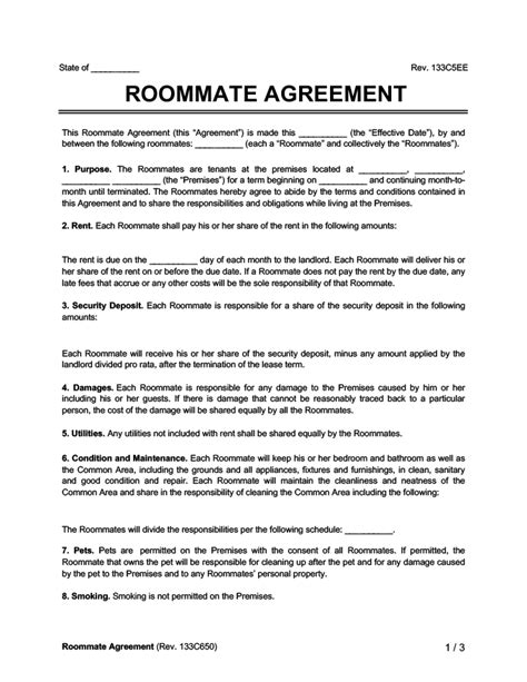 Printable Roommate Agreement