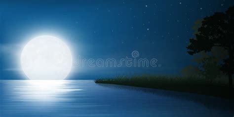 Full Moon Night At Sky And Stars On Calm Lake Stock Vector