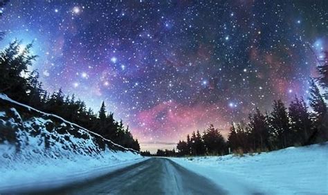 Starry Night Colorful Sky Stars Winter Trees Road Snow With Images