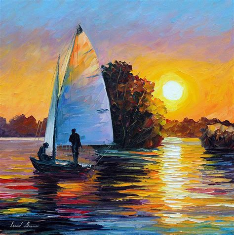 A Painting Of A Sailboat In The Water At Sunset With A Man Standing On It