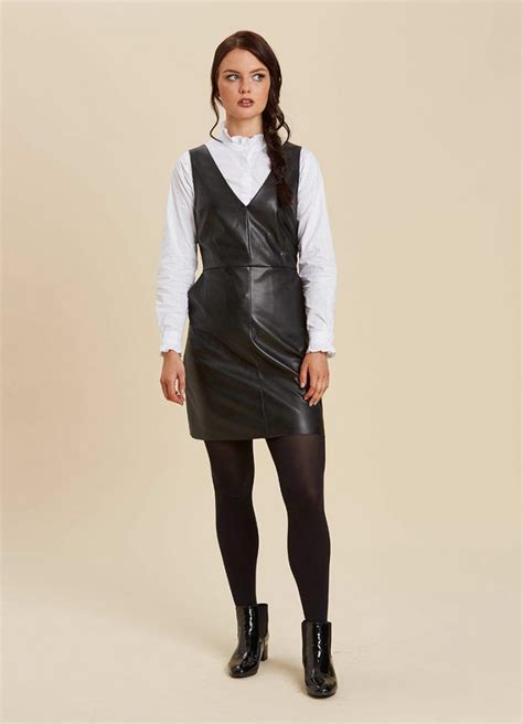 Soho Leather Look Pinafore Dress Black Pinafore Dress Joanie Clothing Pinafore