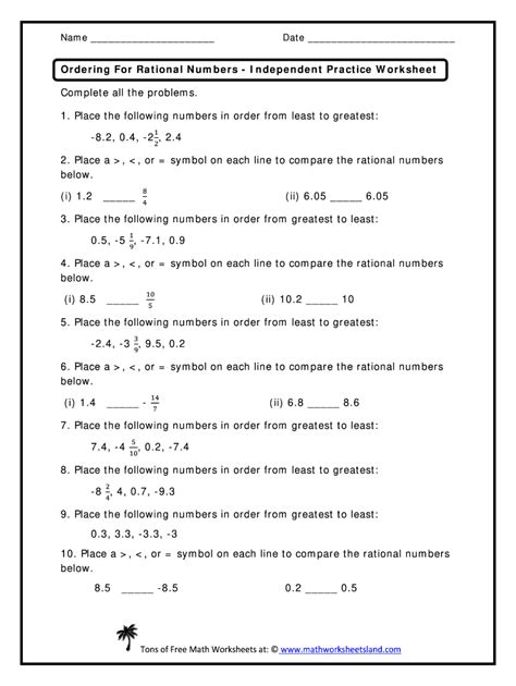 Order Rational Numbers Worksheet With Answers