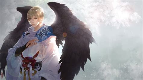 Wallpaper Anime Boy Dark Wings Angel Onmyouji Blonde