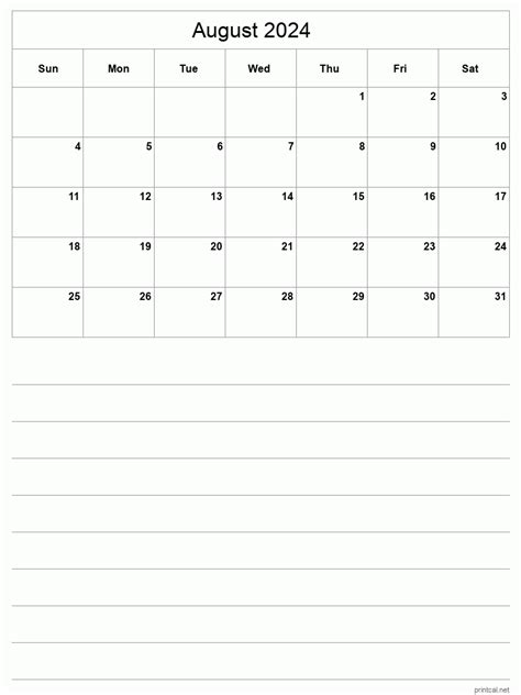 Printable August 2024 Calendar Half Page With Notesheet