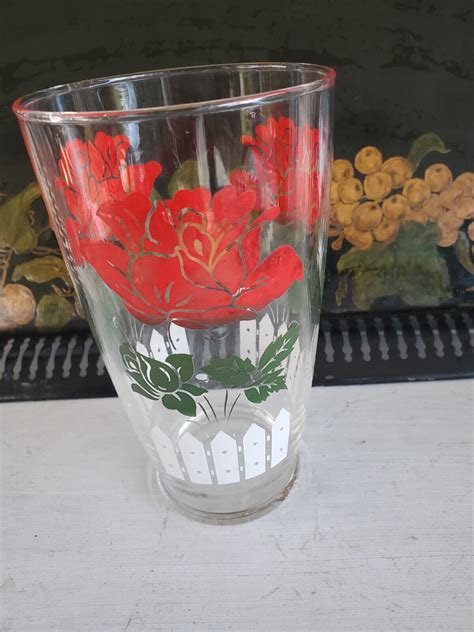 Vintage Hazel Atlas Red Rose White Picket Fence Juice Glasses
