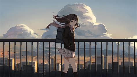 Anime Anime Girls School Uniform Brunette Sunset City Knee Highs Tie Backpacks Scarf