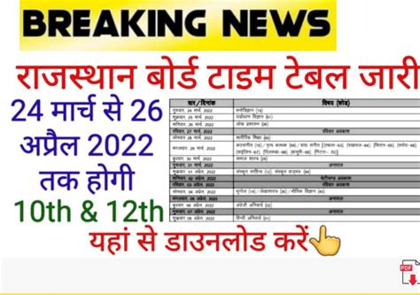 Rbse 10th12th Board Exam 2022 Timetable Download राजस्थान बोर्ड 10वीं