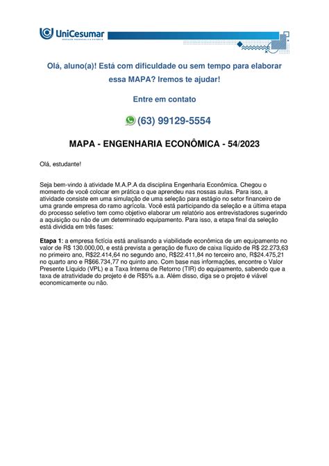 Mapa Engenharia Econ Mica Ol Aluno A Est