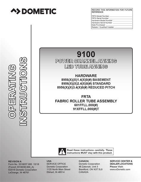 Dometic 9100 Awning Manual