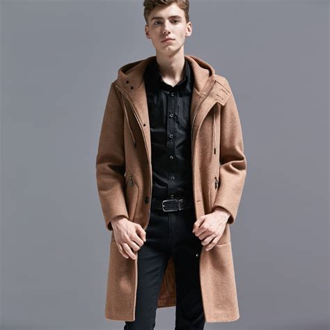 Buy 2019 Men Autumn Winter Hooded Long Wool Coat