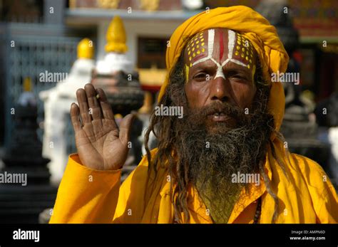 Holy Man Sadhu With Long Beard And Colourful Painted Forhead Kathmandu