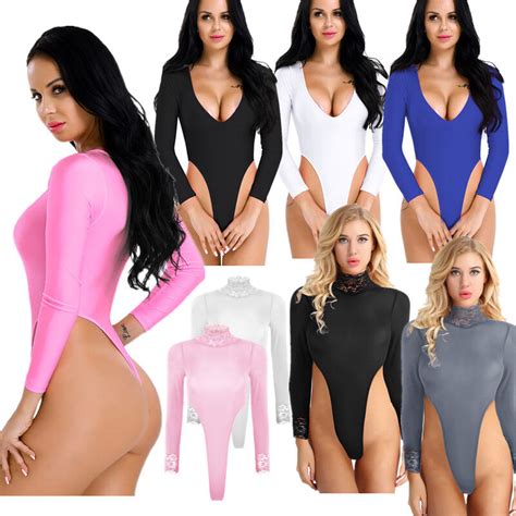 Womens One Piece Long Sleeve Bodysuit High Cut Crotchless Jumpsuit Swim