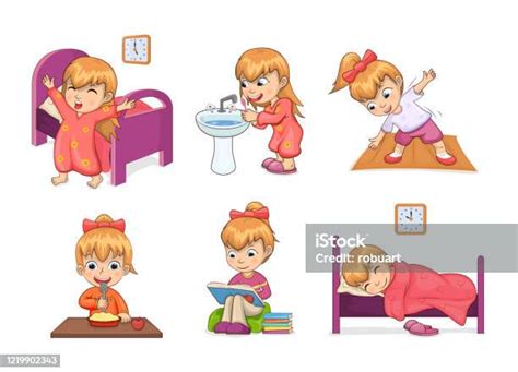 Girl Daily Routine Collection Vector Illustration Stock Illustration