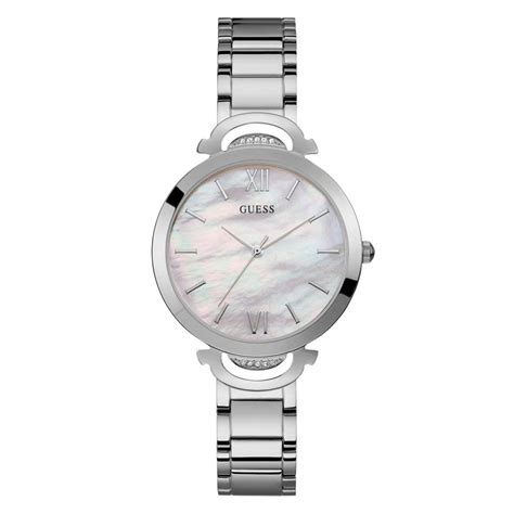 Guess Ladies Silver Watch White Mother Of Pearl Dial W1090l1