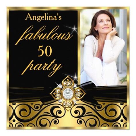 Fabulous 50 Black Gold Faux Diamond Photo Party Invitation