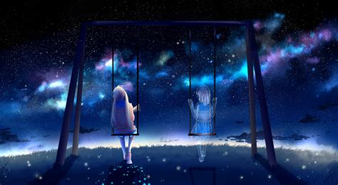 Anime Girls Swing Friends Stars Lonely Sky Anime 16486 4507×2480