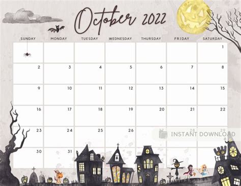 October 2022 Calendar Spooky Dark Halloween Village Night Etsy India